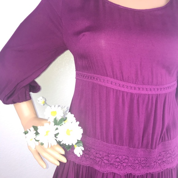 Entro Crochet Lace Raspberry Wine Mini Peasant Babydoll Dress - Picture 4 of 6